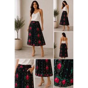 Vintage Dark Floral Silk Midi Skirt Romantic Prairie Cottagecore Size 8